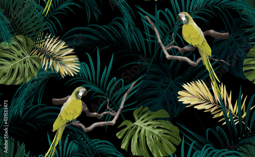 Dark tropical seamless pattern with exotic monstera and royal palm leaves, light green perrots and branches. Vector illustration. photo