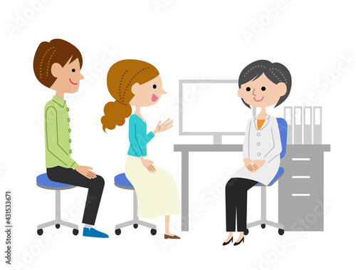 診察室で女医に説明する若い夫婦
