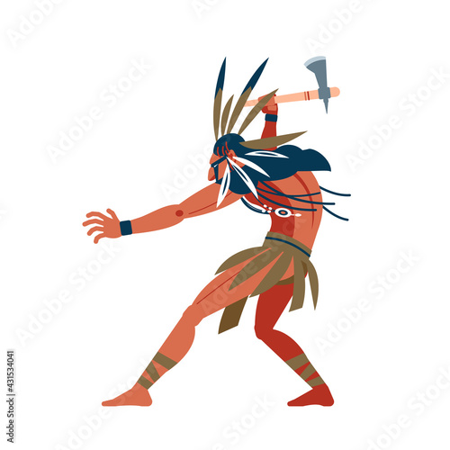 American indian warrior ran to attack its prey. Unusual savage costume, jewelry, makeup combat and tomahawk in hand. Cartoon, flat vector illustration isolated white background