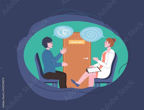 Psychologist, psychotherapist appointment image. Patient talking with a doctor.