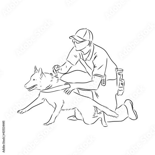 Man cartoon character giving command or order to his dog, sketch vector illustration isolated on white background. Man teaching and training a pet to understand command.