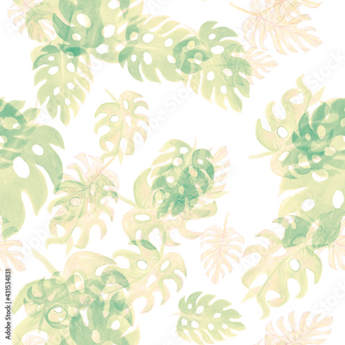 Beige Monstera Painting. Gray Seamless Painting. Brown Tropical Decor. Pattern Design. Watercolor Leaves. Floral Jungle. Summer Texture. Isolated Print.