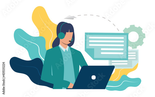 Vector illustration, customer service, hotline operator advises customer, online global technical support 24:7, customer and operator vector