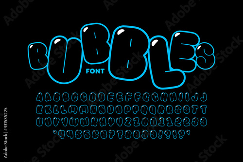 Bubble style font design, alphabet letters, numbers and punctuation marks