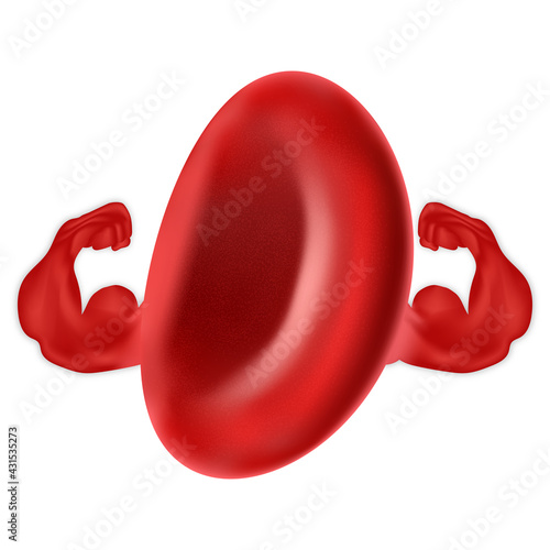 Strong healthy human red blood as a cardiology fitness and health symbol or powerful cardio exercise as an anatomy organ with muscle biceps concept. vector illustration.
