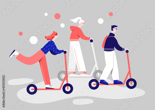 People Riding Electric Scooters. Scooter Sharing and Rent Service. 