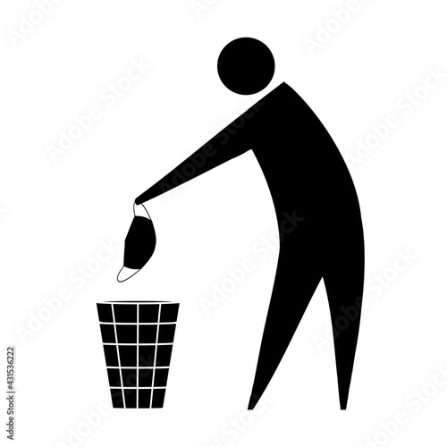 Man throws a mask into a trash can. Hand drawn vector illustration.