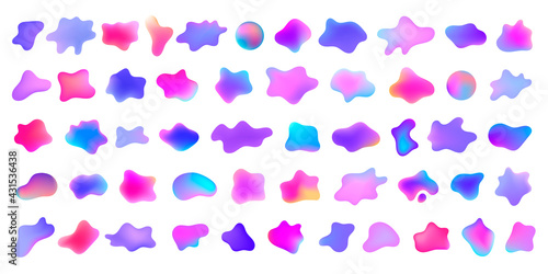 Vector 3d gradient spots set isolated. Abstract elements for trendy vibrant color design. Use for logos, tags, labels, background. Fluid blots, wavy drops, flowing elements