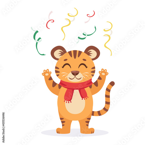 Cute tiger in a scarf celebrates Christmas and New Year 2022. Year of the tiger. Vector illustration