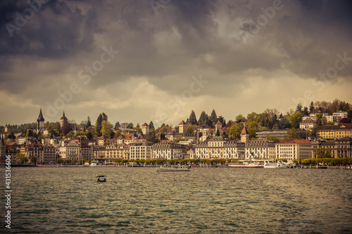 Landscape view of the old town of Luzern, with the lake in the foreground, shot in Luzern, switzerland