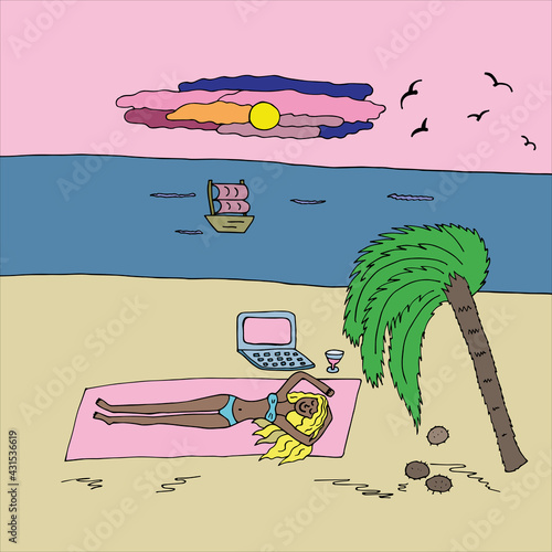 A young girl in a swimsuit lies on the beach by the sea, an island with palm trees. The woman relaxes and uses a laptop. Remote work, freelance, online work on the Internet. Drawn by hand in a doodle