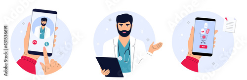 The patient makes a video call to the doctor. Medical worker with a stethoscope. Online pharmacy. Female hand holds smartphone to buy pills. Mobile service for purchasing medicines