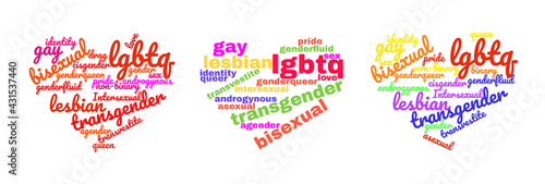 Colorful Rainbow Pride Heart Shape Tagcloud Isolated on White Background. Illustration with Words
