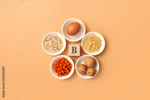 Obraz na plátne Foods that contain vitamin B: eggs, nuts, pasta, sea buckthorn, cereals
