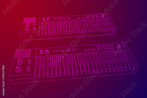 Piano roll analog synthesizer faders buttons knobs. Wireframe low poly mesh vector illustration.
