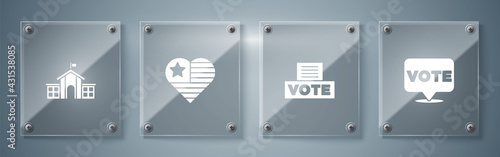 Set Vote, box, USA Independence day and United States Capitol Congress. Square glass panels. Vector