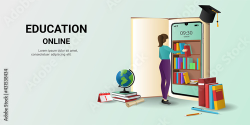 Online education on website and mobile application with book smartphone electronic library.  Digital Classroom. Online training courses. Digital Library. 3D Vector