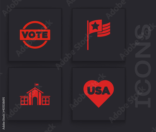 Set USA Independence day, Vote, American flag and United States Capitol Congress icon. Vector