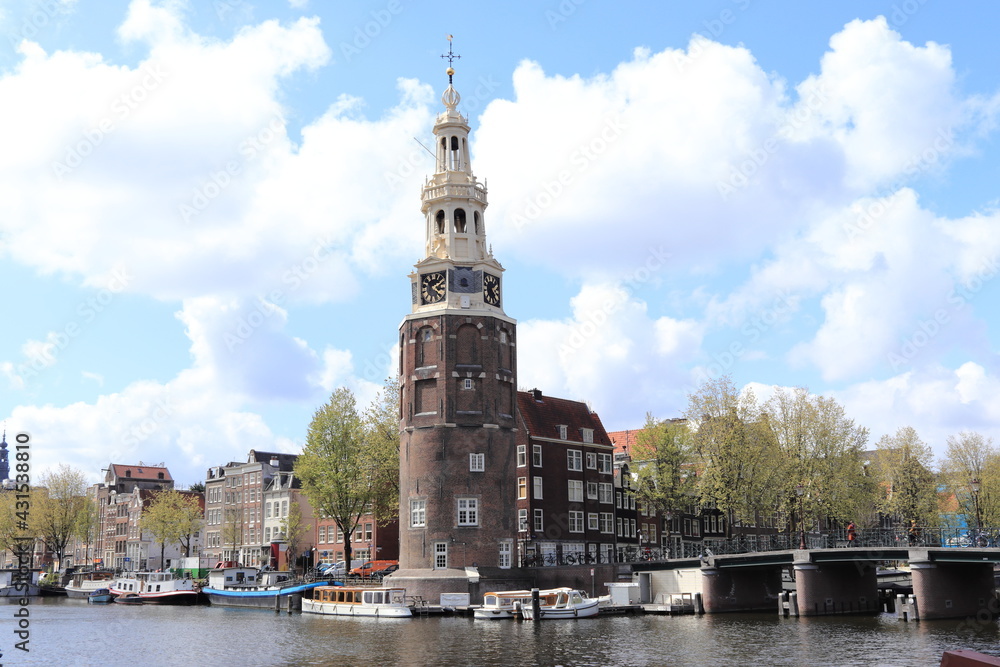 Amsterdam Oude Schans Canal View with Montelbaanstoren Tower and Bridge