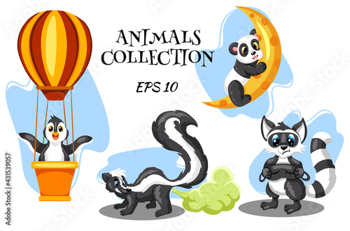 Animals characters skunk raccoon panda and penguin in cartoon style