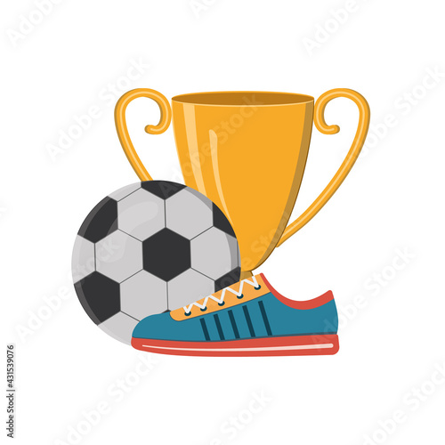 Sports shoes sneakers on the background of a soccer ball and a gold cup, awards for winning competitions