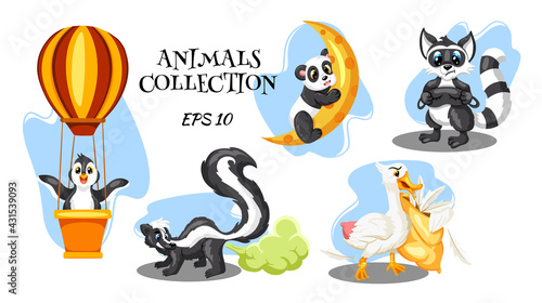 Animals characters skunk raccoon goose panda and penguin in cartoon style