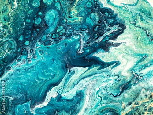 Fluid abstract acrylic painting. Mixed gold, green, blue paint. Epoxy resin art, pour painting, marble texture © Alena