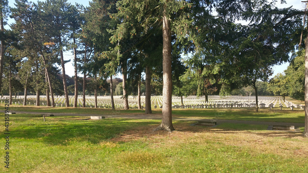 Ysselsteyn, The Netherlands - September 5, 2020: German War Cemetery (Kriegsgr�berst�tte) and memorial site in Ysselsteyn. The only German military cemetery in the whole Netherlands. Summer cloudy day Ysselsteyn, The Netherlands - September 5, 2020: German War Cemetery (Kriegsgr�berst�tte) and memorial site in Ysselsteyn. The only German military cemetery in the whole Netherlands. Summer cloudy day