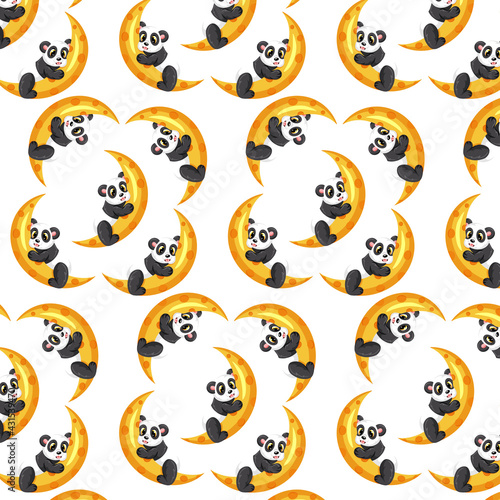 Animal character panda on yellow moon seamless pattern in cartoon style