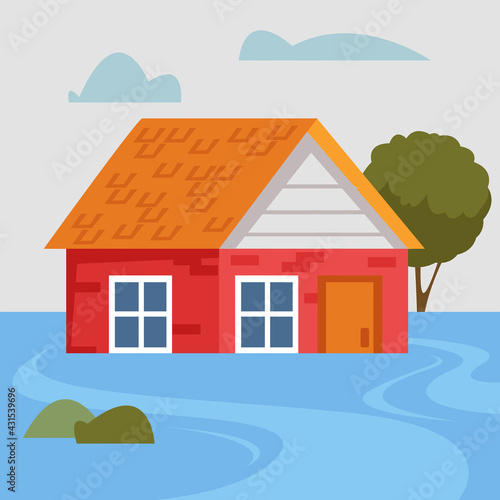 A sunken private brick house during a natural disaster and flood. The dwelling is flooded with water. Vector illustration in cartoon style. Cute print color