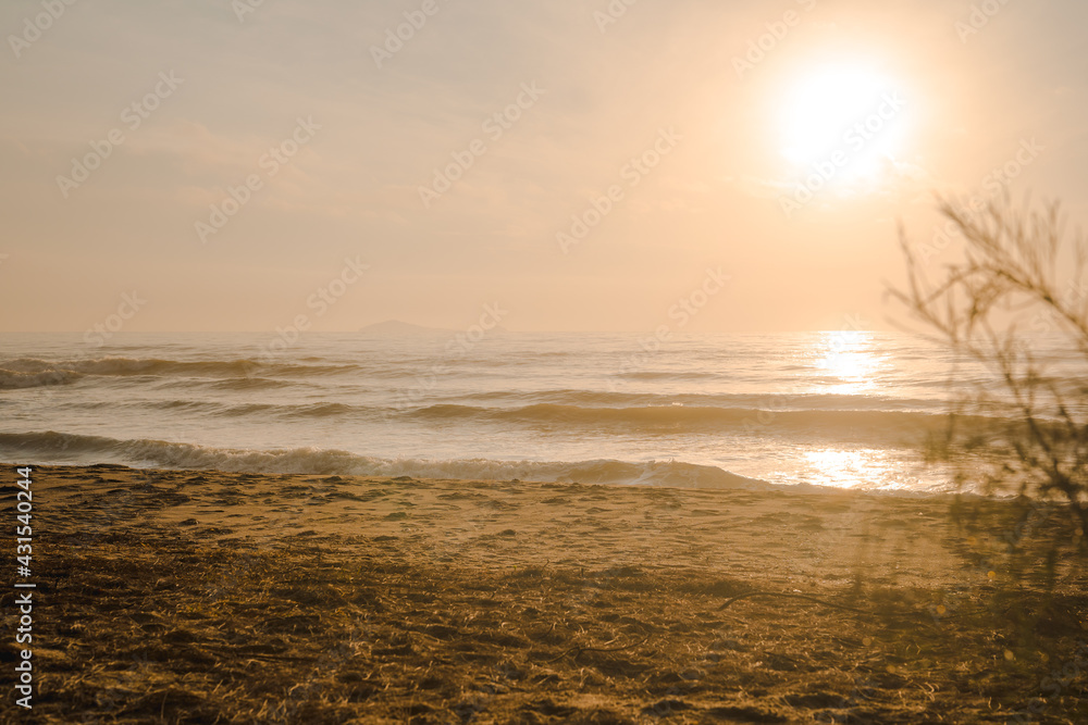 silhouette beach with sunrise and sea background