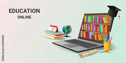 Online education on laptop application with book electronic library. Online training courses. Digital Library. Graduation. 3d vector illustration