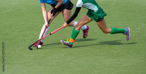 Two field hockey player, fighting for the ball on the midfield during an intense match on green grass. Professional sport concept