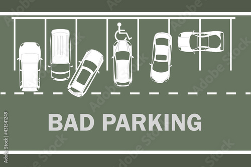 Parking lot with bad parked cars. Right and wrong parking examples infographic. White silhouettes cars top view. Rules of the road. Improperly parked automobiles. Flat design.Stock vector illustration