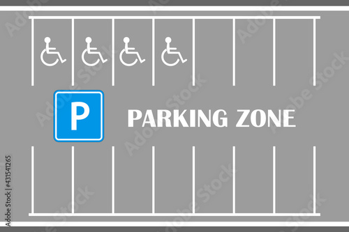Parking car zone marks on gray background. City street parking. Parallel lots, white lines for car parking spaces and area for disabled. Place for vehicles with marking on road. Vector illustration