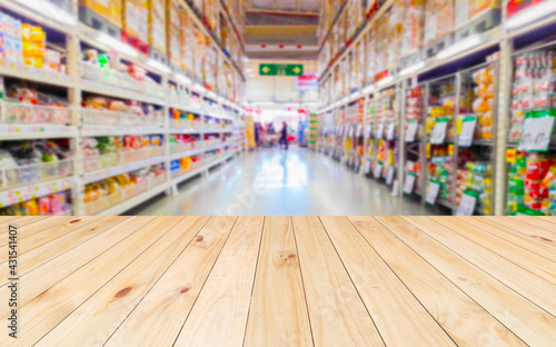 Wood floor and Supermarket blur background, Product display, template,