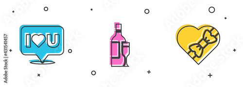 Set Speech bubble with I love you, Champagne bottle and Candy in heart shaped box icon. Vector