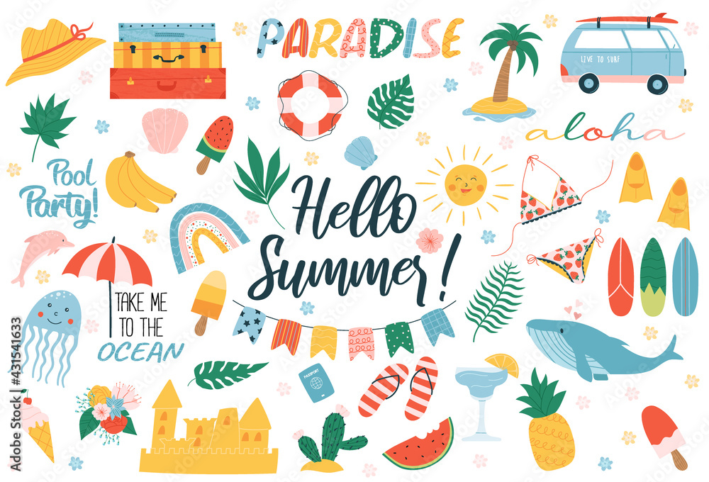 Naklejka premium Summer elements set: ice cream, dolphin, beach, watermelon, surfboard, swimsuit, flippers, flowers, plants. Cute and colorful stickers for posters, scrapbooking, summer party invitations.
