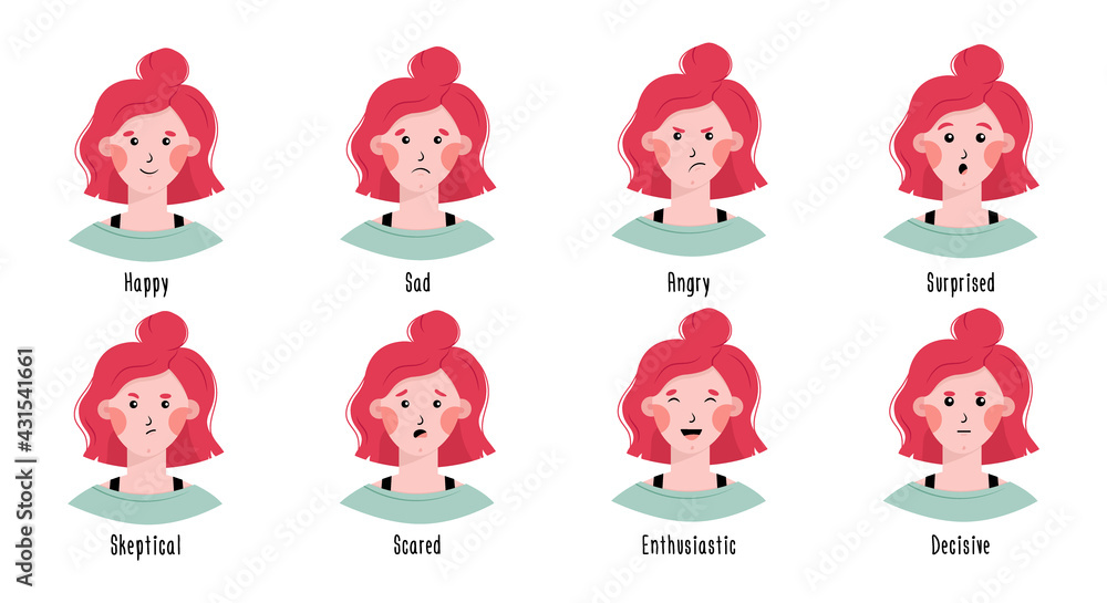 Collection of different emotions. Facial expressions of a woman with pink hair. Girl avatar. Vector illustration.
