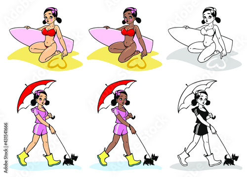 Cute cartoon girl walking dog. Girl in bikini with serf board.