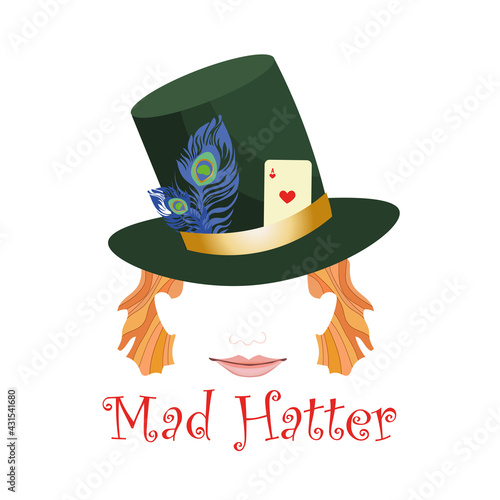 Abstract mad hatter head wearing hat decorated with playing card and feathers. Redheared smiling face.