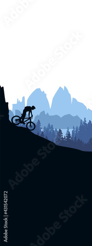 Silhouette of mountain bike rider in wild nature landscape. Mountains, forest and lake in background. Blue illustration.