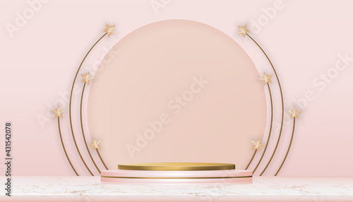 Eid Mubarak greeting card with Golden Stars on Pink Podium, Vector illustration background for Muslim Product Showcase, presentation, Ramadan or Eid Mubarak Sale, Design for Muslim community festival