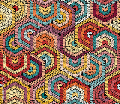 Embroidered seamless pattern. Geometric print for carpets, textiles. Ornament in patchwork. Vector illustration.