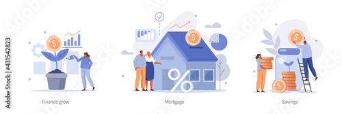 Various Finance Icons. People Buying Home with Mortgage,  Growing Money Tree, Making Savings. Investment and Finance Management Concept. Flat Cartoon Vector Illustration.