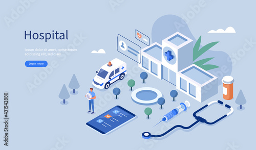 Hospital Building and Ambulance Car. Stethoscope and Medicament Bottles lying around. Health Care Services and Online Medicine Concept. Flat Isometric Vector Illustration.