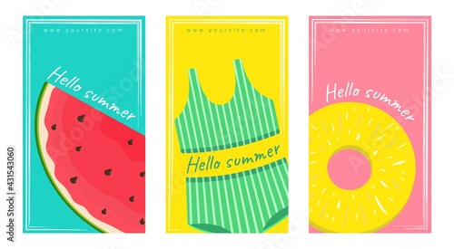 Set of summer cards with watermelon, swimwear and pineapple. Template for post, banner in social networks, stories, advertising.