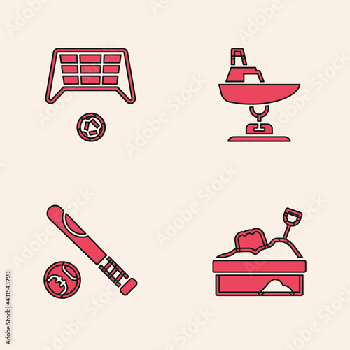 Set Sandbox with sand, Soccer goal ball, Swing boat and Baseball bat icon. Vector