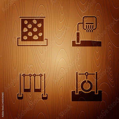 Set Car tire hanging on rope, Climbing wall, Double swing and Basketball backboard on wooden background. Vector