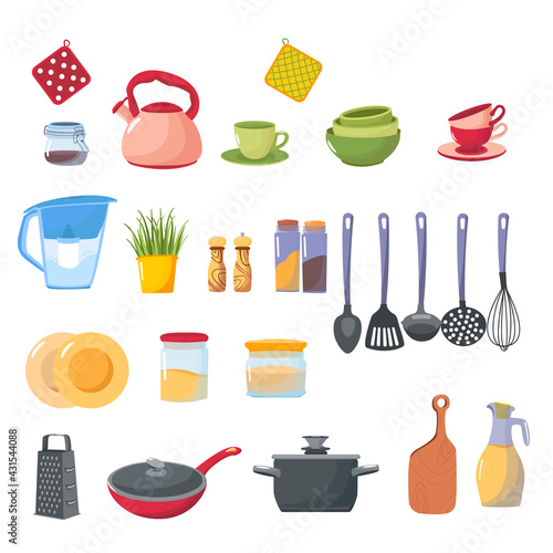 Set of kitchen accessory on shelves. Vector kitchen tools. Household utensil and cutlery, crockery. Cooking equipment and food preparation theme. Kitchen shelf with kitchenware and utensil
